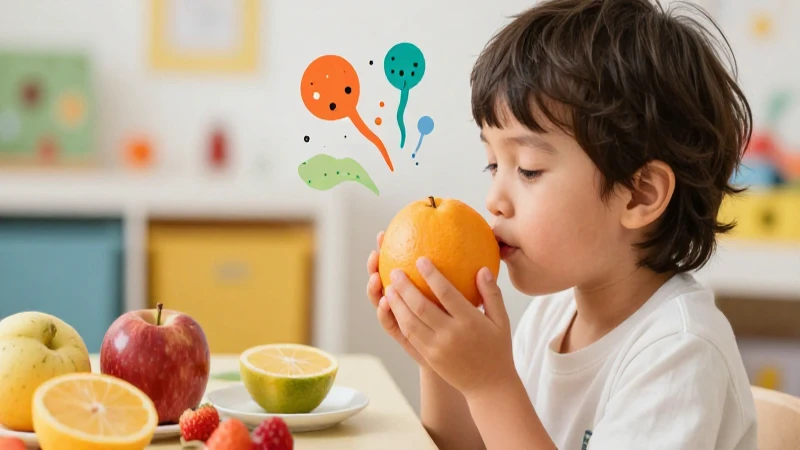 Niño huele frutas en entorno educativo