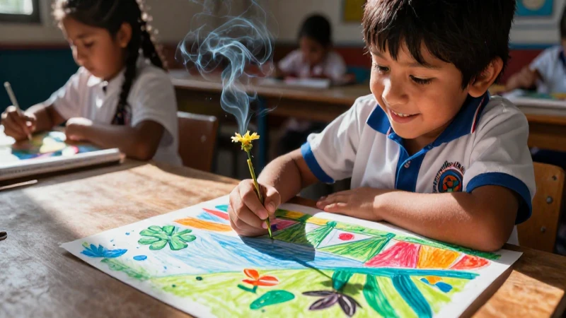 Niño feliz en escena educativa mexicana