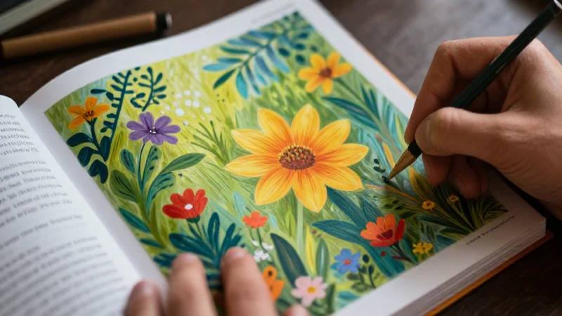Ilustración vibrante de jardín con atmósfera cinematográfica