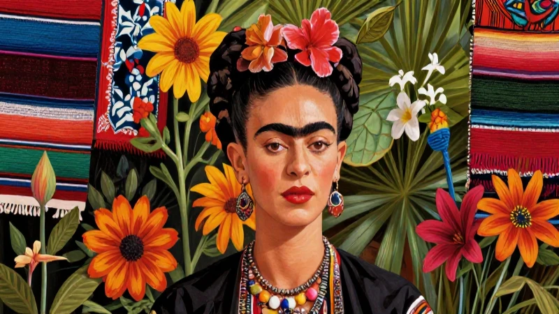 Retrato hiperrealista vibrante de Frida Kahlo con flores mexicanas