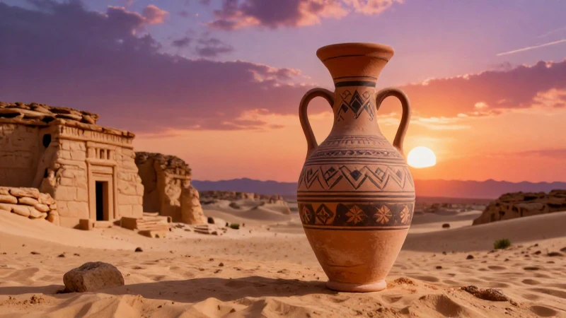 Vasija estilizada en desierto con atardecer dramático