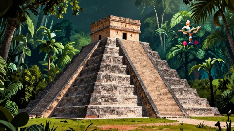 Pirámide maya vibrante con enfoque educativo