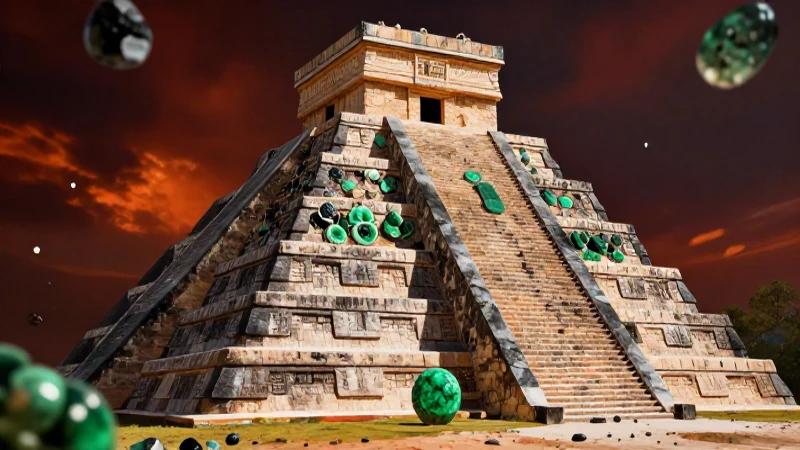 Pirámide azteca, jade y obsidiana vibrante