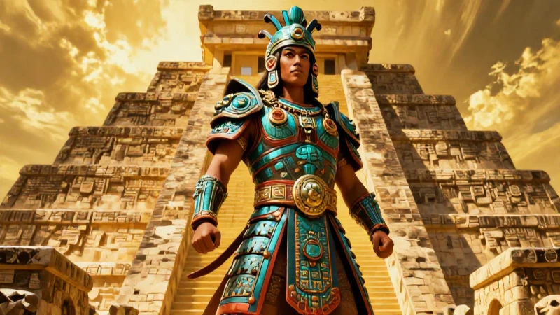 Guerrero mexica en armadura ante pirámides