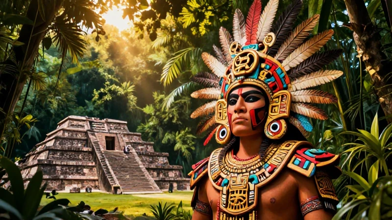 Guerrero mexica majestuoso ante ruinas antiguas