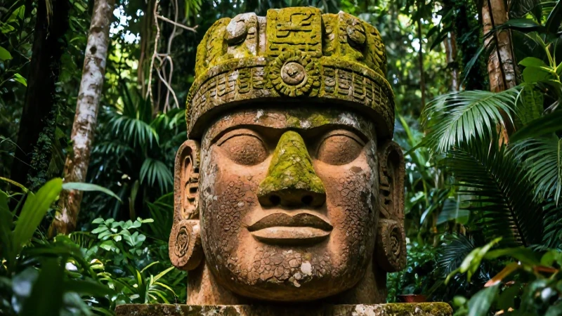 Cabeza olmeca monumental en selva tropical vibrante