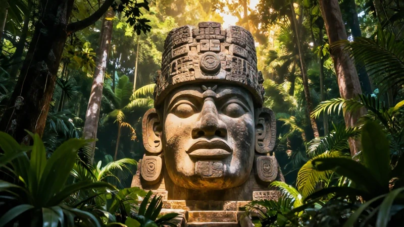 Cabeza Olmec majestuosa en selva tropical dorada