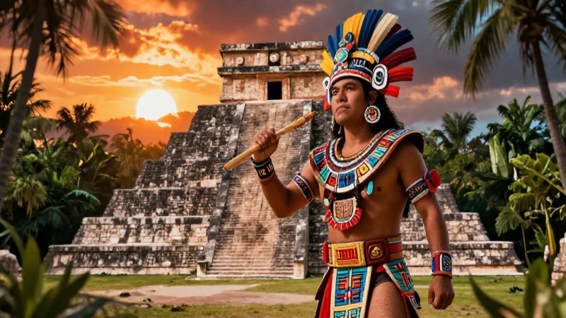 Pirámide mesoamericana con guerrero ritual al atardecer