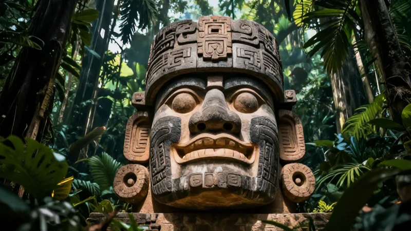 Cabeza olmeca majestuosa en vibrante selva