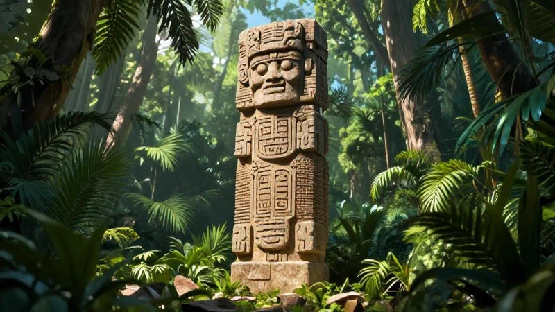 Fragmento maya detallado en jungla con luz dramática