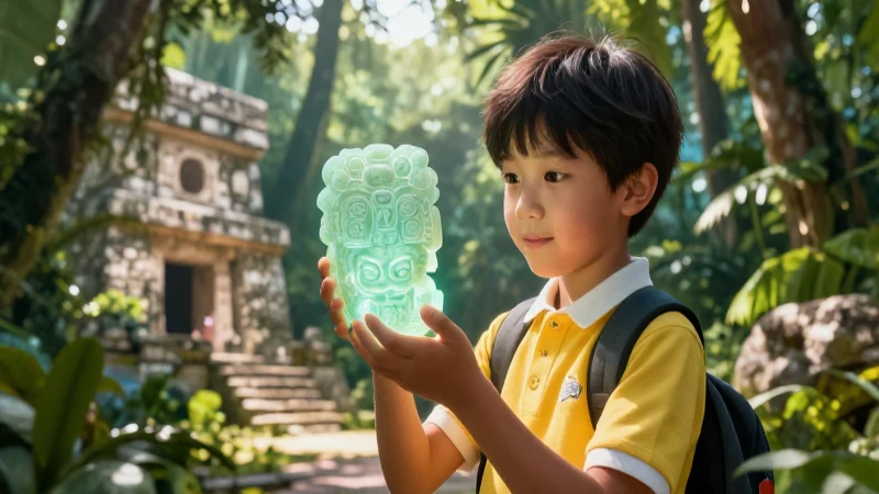 Niño observa jade antiguo en ruinas iluminadas