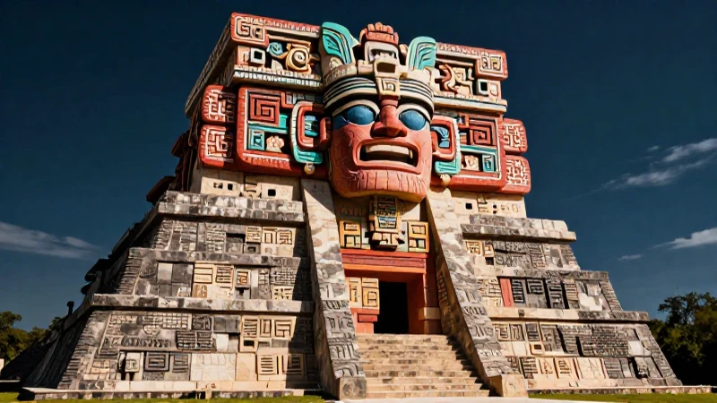 Escultura Tolteca en ruinas con iluminación dramática