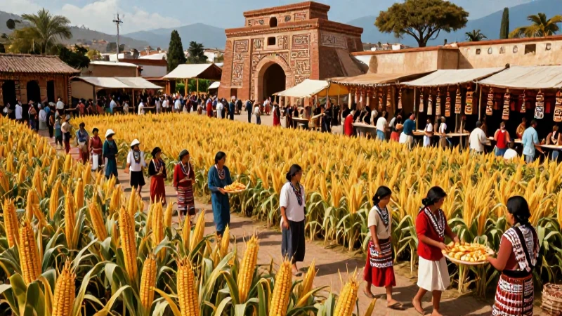 Ilustración vibrante de mercado Tolteca hiperrealista
