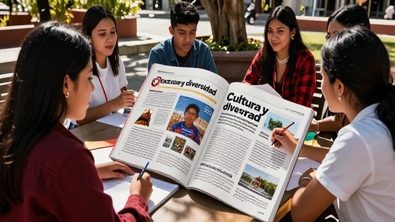Cultura y diversidad: qué es, tipos, importancia y ejemplos 3 Estudiantes diversos colaboran en un entorno vibrante