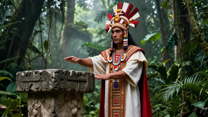 Cultura zapoteca: Resumen, características y aportes clave 4 Sacerdote zapoteca en altar, entorno selvático vibrante