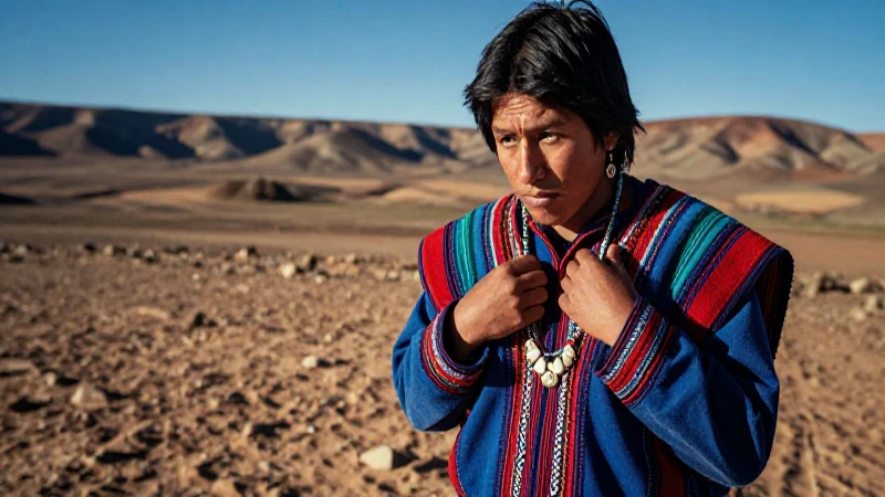 Artesana indígena en desierto con vestimenta tradicional