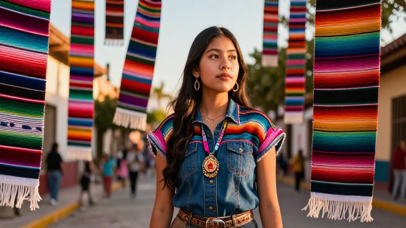 Estudiante mexicano moderno entre textiles coloridos y luz dorada