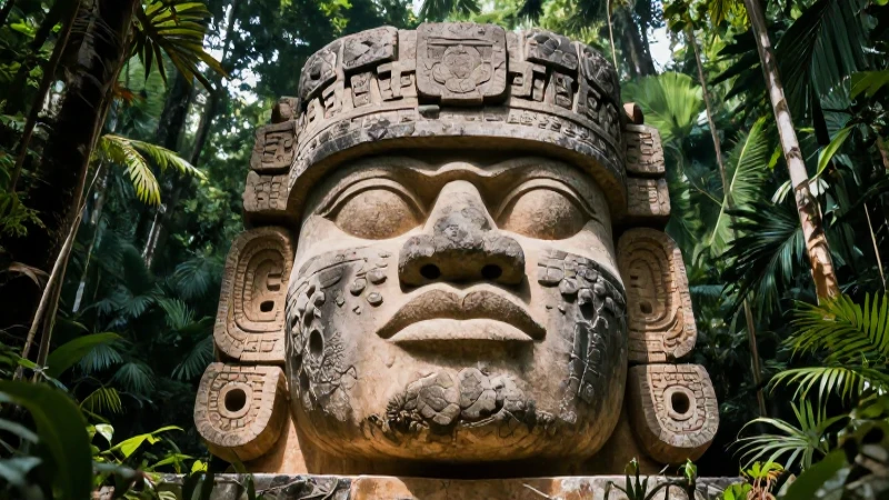 Cabezas olmeca monolíticas en jungla mágica
