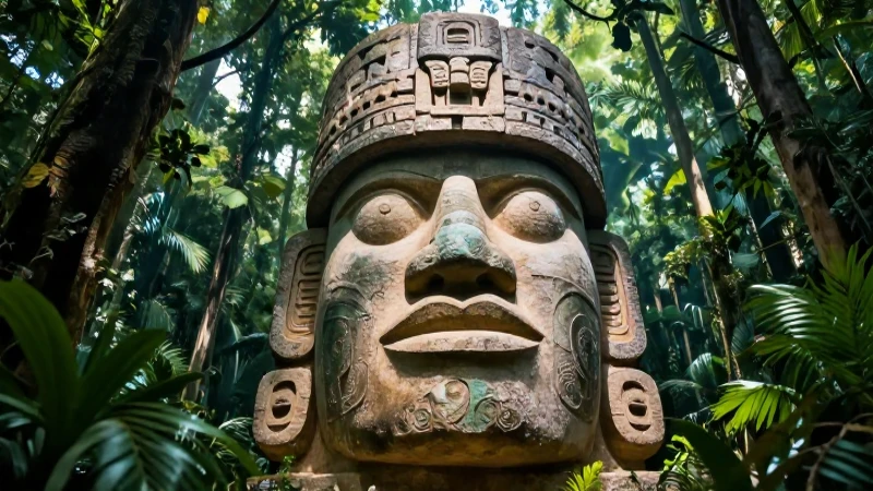 Cabeza Olmeca monumental en selva mágica