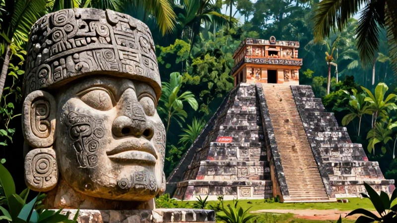 Cabeza Olmeca y pirámide en la jungla mexicana