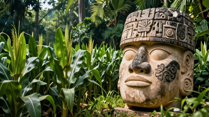 Cabeza olmeca mira el maíz mesoamericano
