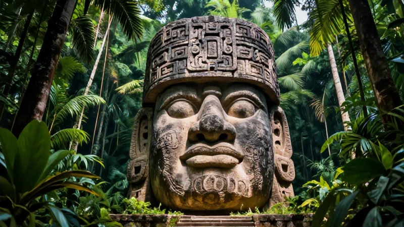 Cabeza colosal Olmeca en selva prehistórica