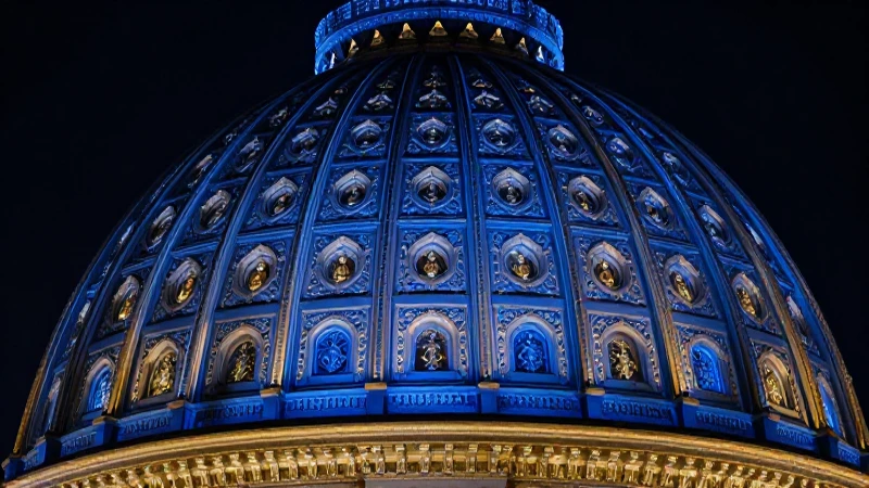 Cúpula clásica, iluminación dramática azul y oro