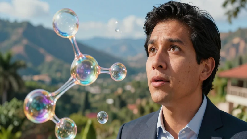 Profesor curioso con estructuras moleculares en paisaje vibrante