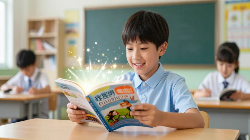 Alumno sonriente mira guía educativa brillante