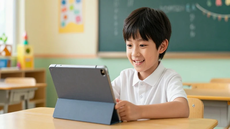 Niño alegre usa tablet en clase moderna