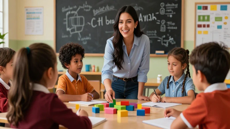 Maestra mexicana guía a alumnos en un vibrante aula