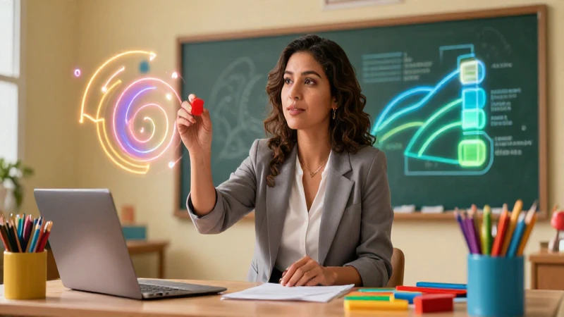 Maestra mexicana moderna con herramientas educativas vibrantes