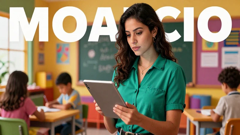 Profesora mexicana digital en ambiente educativo vibrante