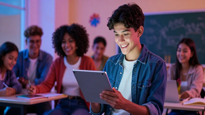 Estudiante sonriente usa tablet en ambiente digital