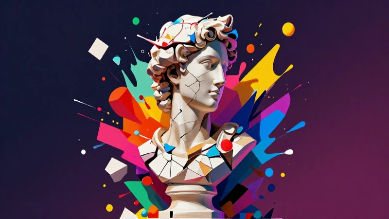 Busto fragmentado digital con colores vibrantes y luz cinematográfica