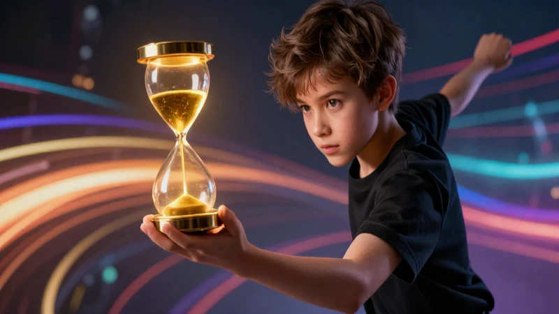 Joven sostiene reloj dorado en tiempo abstracto