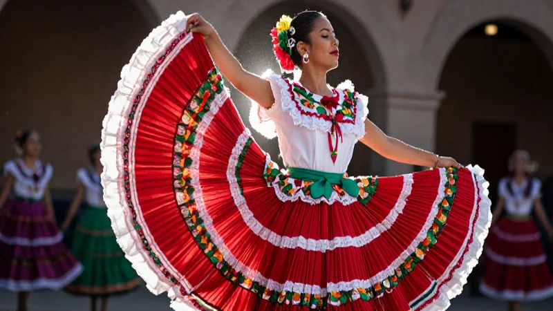 Bailarina folklorica en vibrante traje, giro dinámico
