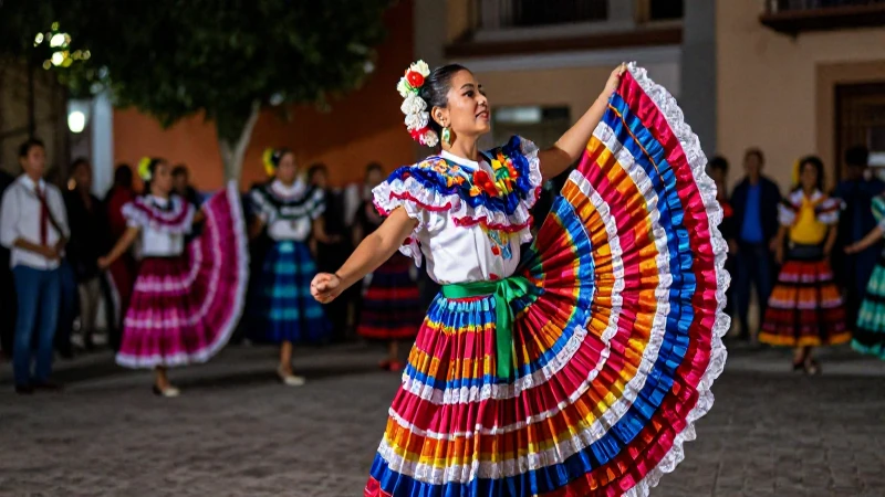 Folklórica mexicana dinámica en vibrante plaza