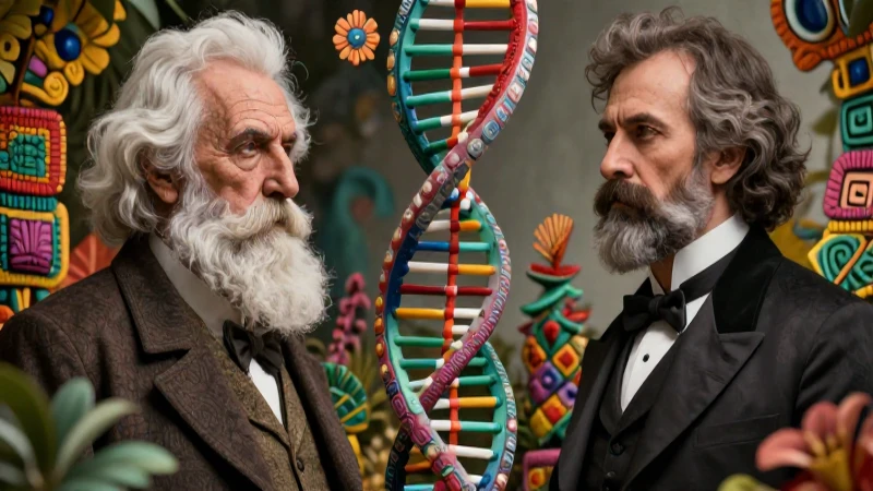 Ilustración educativa: Darwin, Lamarck y evolución