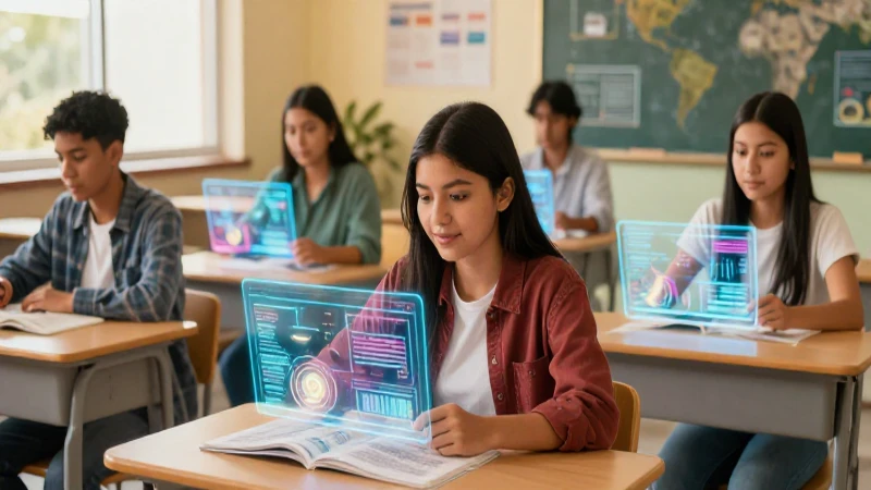 Estudiantes mexicanos en aula con contenido holográfico