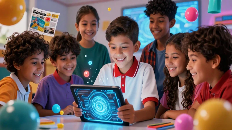 Niño sonríen en aula futurista con tablet brillante