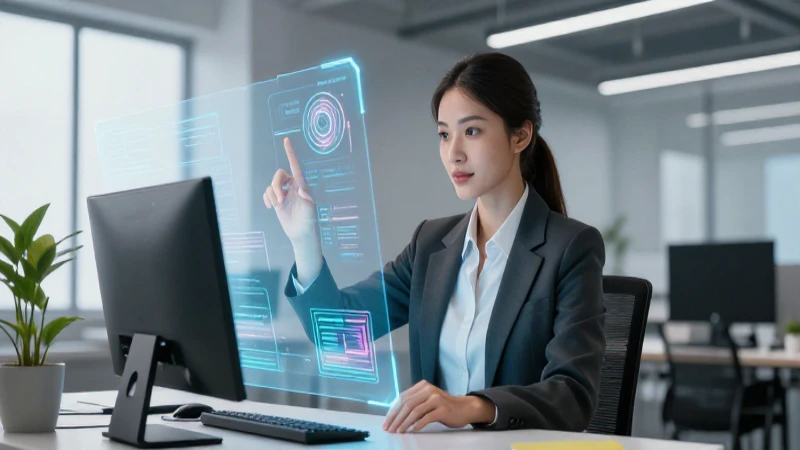 Mujer profesional interactúa con tecnología holográfica