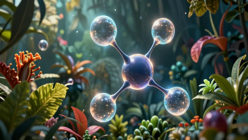 Átomos brillantes fusionados con naturaleza estilizada