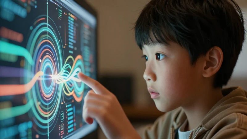Estudiante interactúa con datos abstractos brillantes