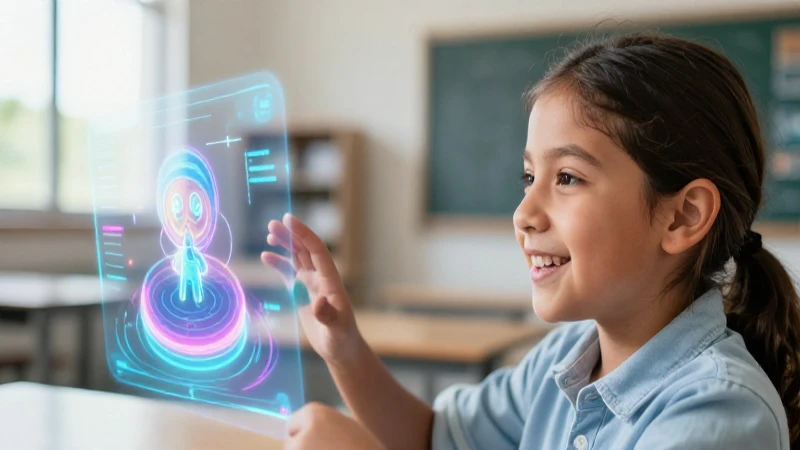 Niño feliz con holograma en clase luminosa