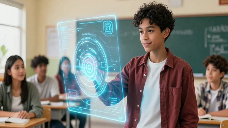Joven estudiante con hologramas de IA futuristas