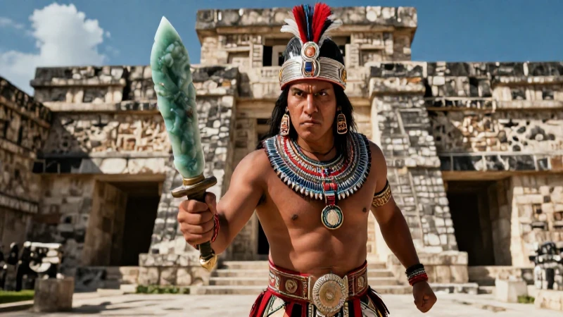 Guerrero indígena azteca feroz en detalle cinematográfico