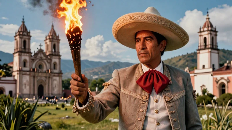 Líder insurgente mexicano en paisaje dramático