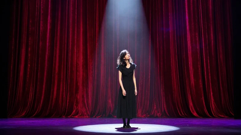 Figura solitaria bajo foco dramático en escenario