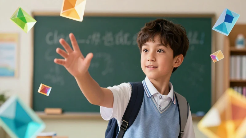 Estudiante brillante con bloques flotantes y luz vibrante